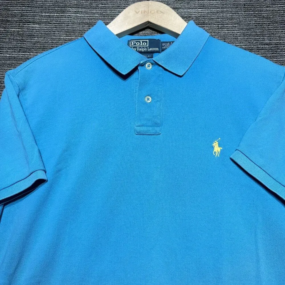 Polo by Ralph Lauren Shirt Men's L Blue Short Sleeve Yellow Pony Custom Casual